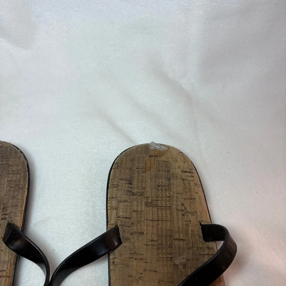 Michael Kors Women Black Patent Cork Thong Sandals Gold MK Logo Flip Flops